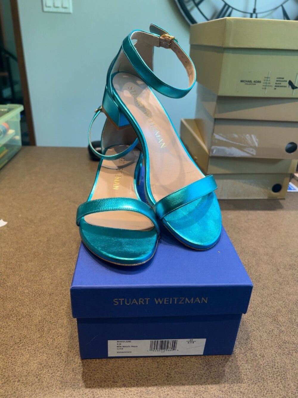 Stuart Weitzman Nudist June Metallic Turquoise Nappa Leather Block Heel Sandals